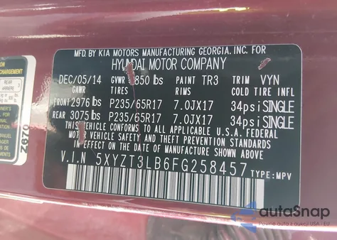 2015 Hyundai Santa Fe Sport 2.4L из США, поврежденный, VIN 5XYZT3LB6FG258457